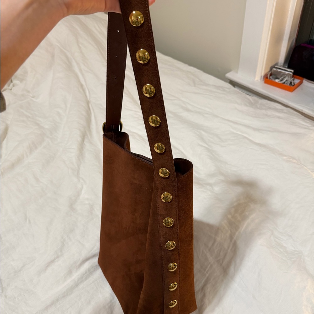 Madewell Brown Suede Shoulder Bag with Gold Stud Accents